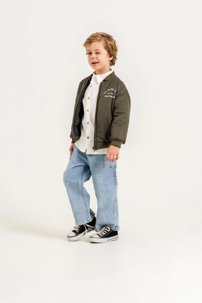 Erkek Çocuk Bomber Ceketli Gömlekli Bol Paça Jean Pantolon 3’lü Takım 9102 - HAKİ