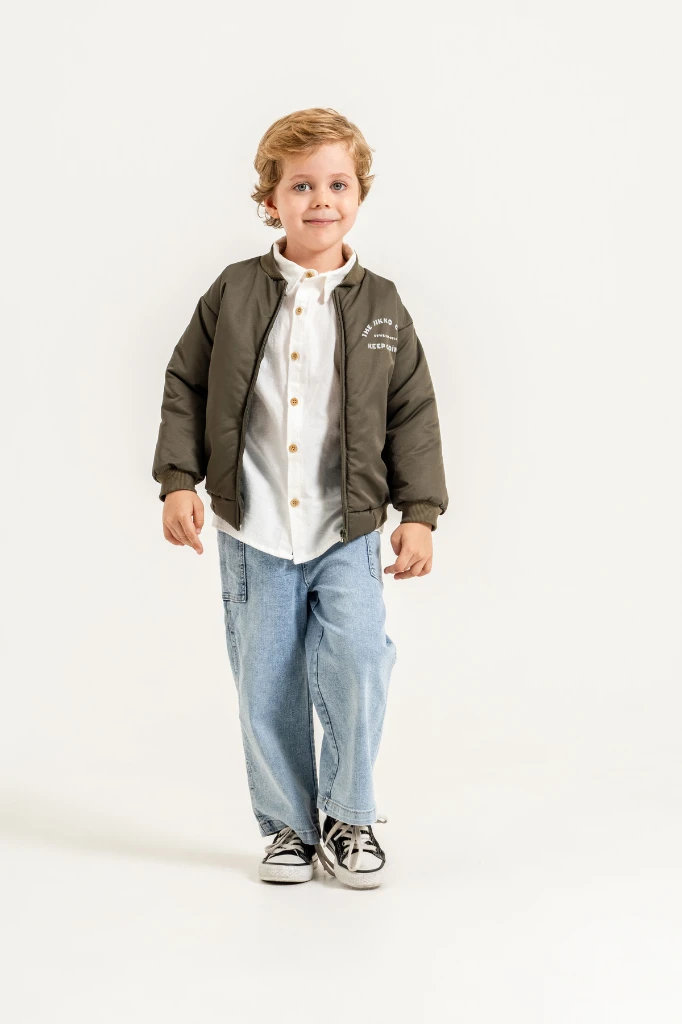 Erkek Çocuk Bomber Ceketli Gömlekli Bol Paça Jean Pantolon 3’lü Takım 9102 - HAKİ