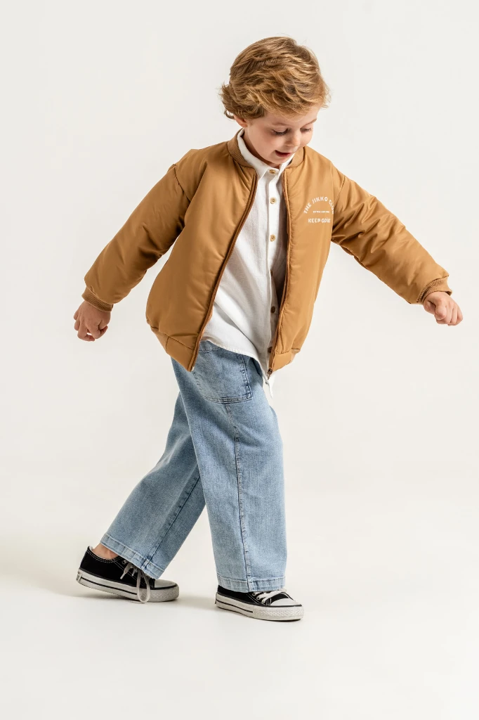 Erkek Çocuk Bomber Ceketli Gömlekli Bol Paça Jean Pantolon 3’lü Takım 9102 - HARDAL