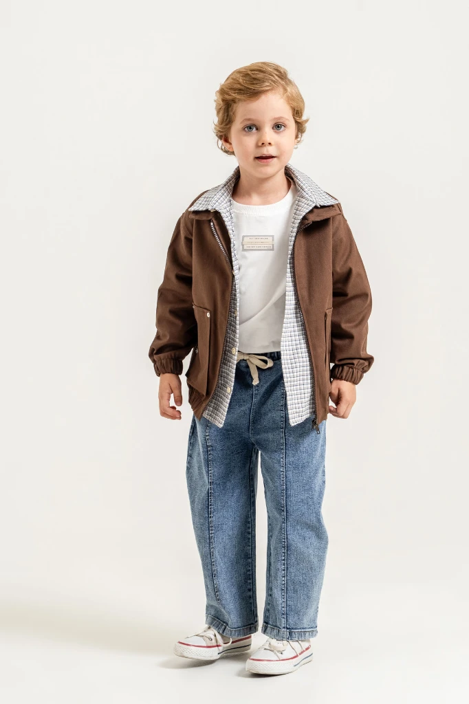 Erkek Çocuk Gabardin Bomber Ceket, Ekose Gömlek, Tişört ve Kot Pantolon 4’lü Takım 9100 - KAHVERENGİ