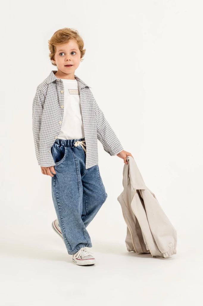 Erkek Çocuk Gabardin Bomber Ceket, Ekose Gömlek, Tişört ve Kot Pantolon 4’lü Takım 9100 - BEJ