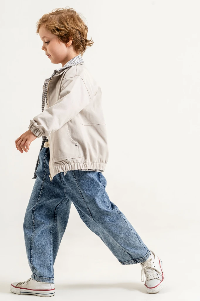 Erkek Çocuk Gabardin Bomber Ceket, Ekose Gömlek, Tişört ve Kot Pantolon 4’lü Takım 9100 - BEJ