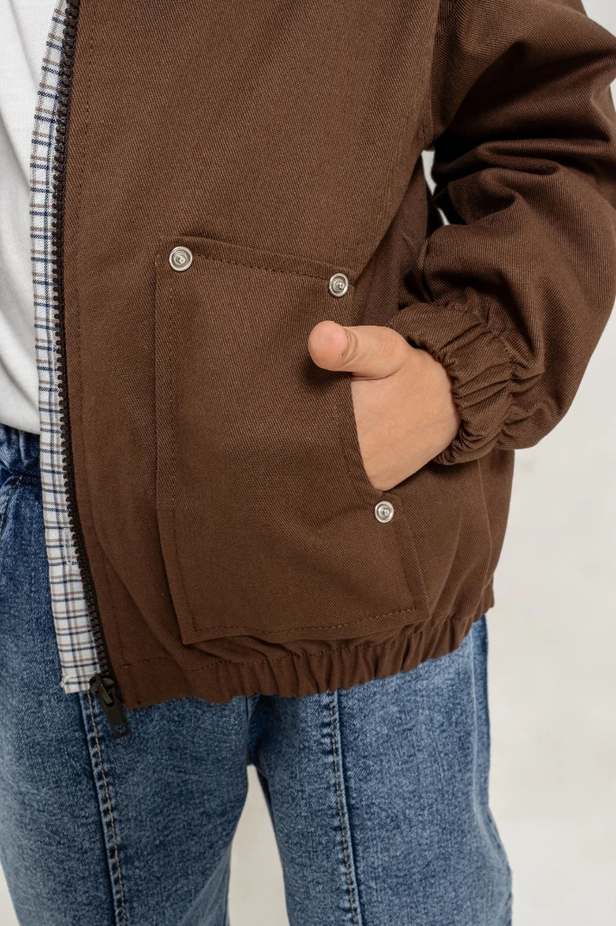Erkek Çocuk Gabardin Bomber Ceket, Ekose Gömlek, Tişört ve Kot Pantolon 4’lü Takım 9100 - KAHVERENGİ