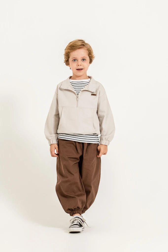Erkek Çocuk Yarım Fermuarlı Sweatshirt, Çizgili Tişört ve Jogger Pantolon 3’lü Takım 9112 - BEJ