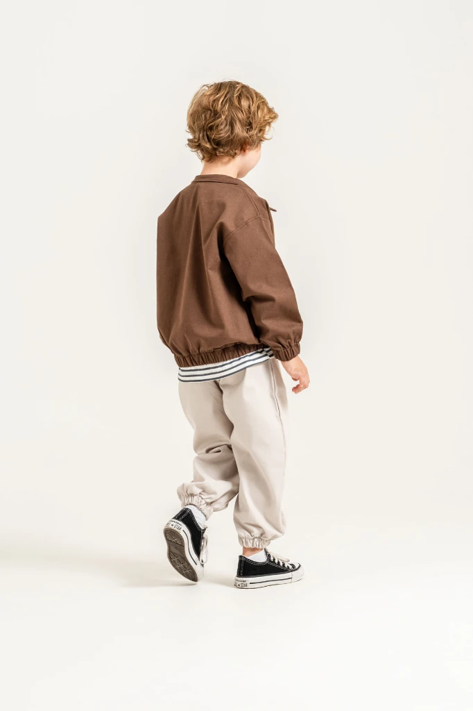 Erkek Çocuk Yarım Fermuarlı Sweatshirt, Çizgili Tişört ve Jogger Pantolon 3’lü Takım 9112 - KAHVERENGİ