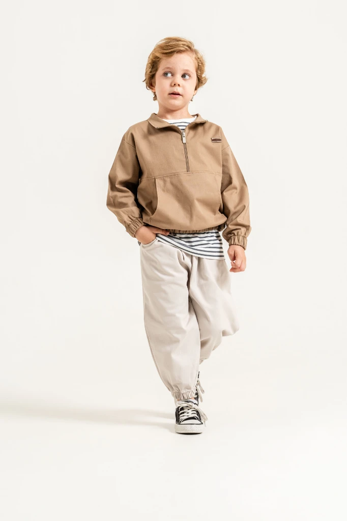 Erkek Çocuk Yarım Fermuarlı Sweatshirt, Çizgili Tişört ve Jogger Pantolon 3’lü Takım 9112 - VİZON