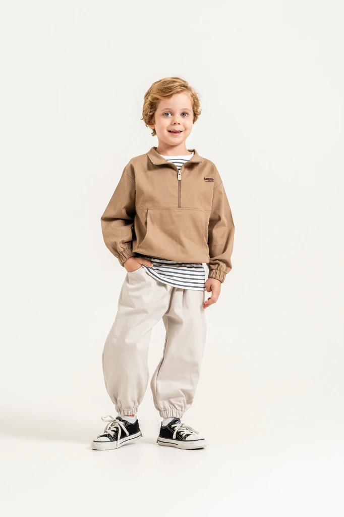 Erkek Çocuk Yarım Fermuarlı Sweatshirt, Çizgili Tişört ve Jogger Pantolon 3’lü Takım 9112 - VİZON