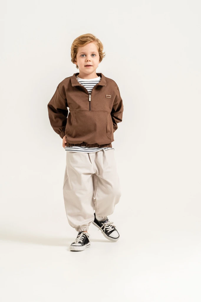 Erkek Çocuk Yarım Fermuarlı Sweatshirt, Çizgili Tişört ve Jogger Pantolon 3’lü Takım 9112 - KAHVERENGİ