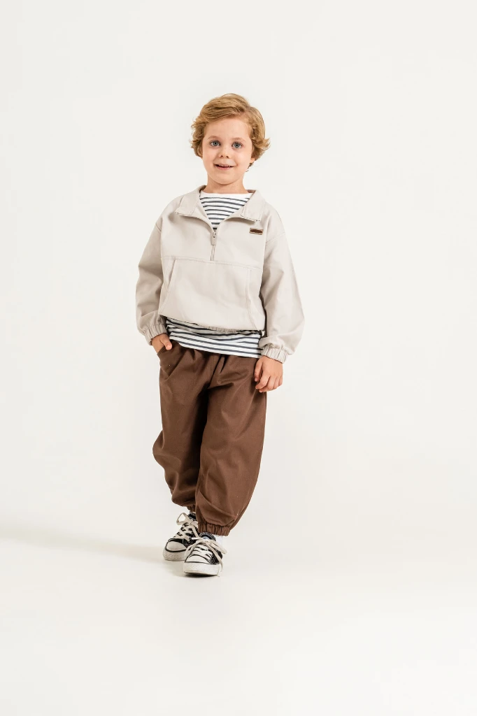 Erkek Çocuk Yarım Fermuarlı Sweatshirt, Çizgili Tişört ve Jogger Pantolon 3’lü Takım 9112 - BEJ