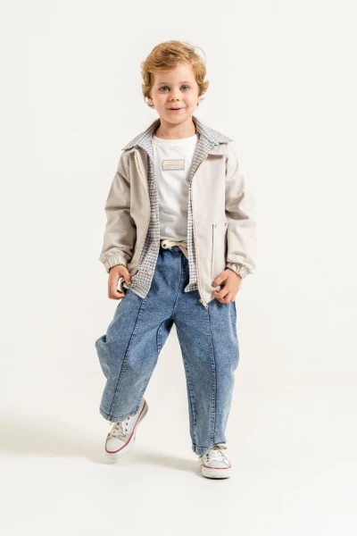 Erkek Çocuk Gabardin Bomber Ceket, Ekose Gömlek, Tişört ve Kot Pantolon 4’lü Takım 9100 - BEJ
