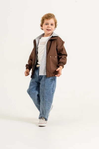 Erkek Çocuk Gabardin Bomber Ceket, Ekose Gömlek, Tişört ve Kot Pantolon 4’lü Takım 9100 - KAHVERENGİ