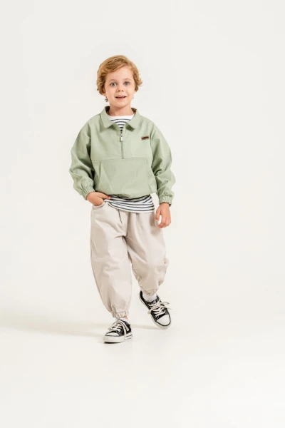 Erkek Çocuk Yarım Fermuarlı Sweatshirt, Çizgili Tişört ve Jogger Pantolon 3’lü Takım 9112 - YEŞİL