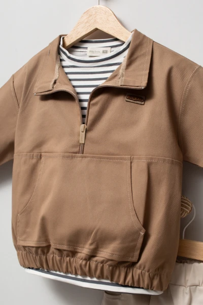 Erkek Çocuk Yarım Fermuarlı Sweatshirt, Çizgili Tişört ve Jogger Pantolon 3’lü Takım 9112 - VİZON