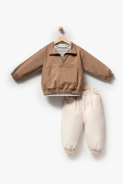 Erkek Çocuk Yarım Fermuarlı Sweatshirt, Çizgili Tişört ve Jogger Pantolon 3’lü Takım 9112 - VİZON