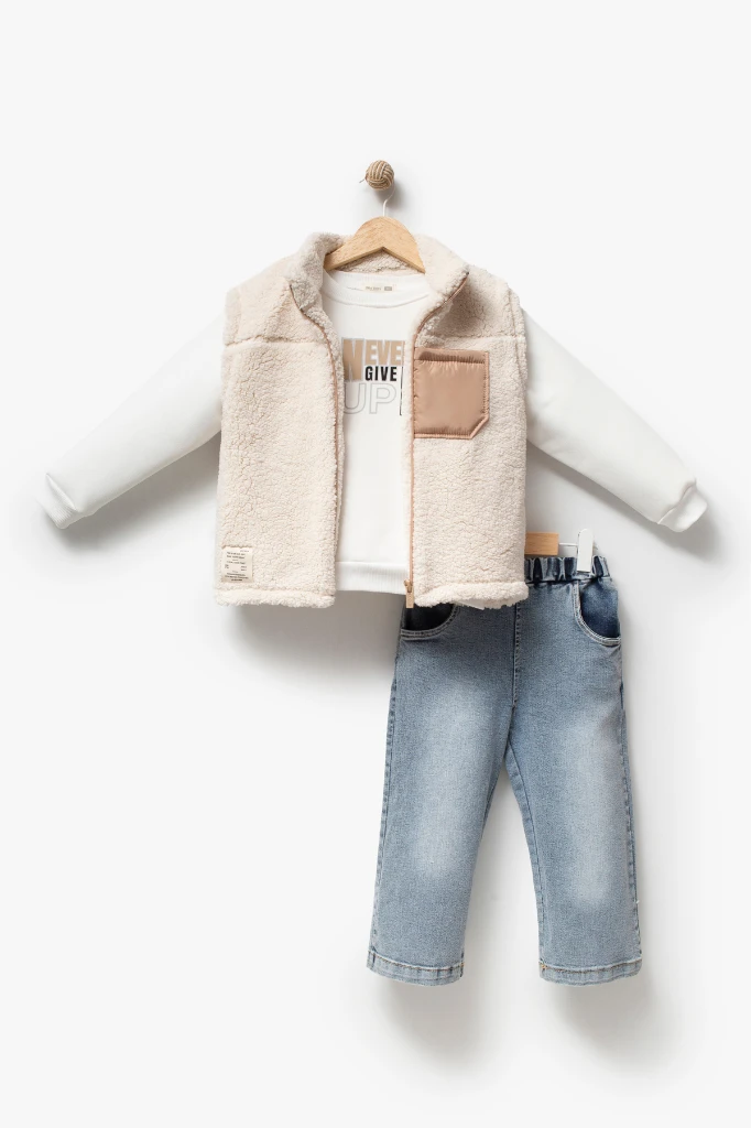 Erkek Çocuk Cep Detaylı Peluş Yelekli Baskılı Sweatshirt ve Kot Pantolon 3’lü Takım 8308 WNT - BEJ