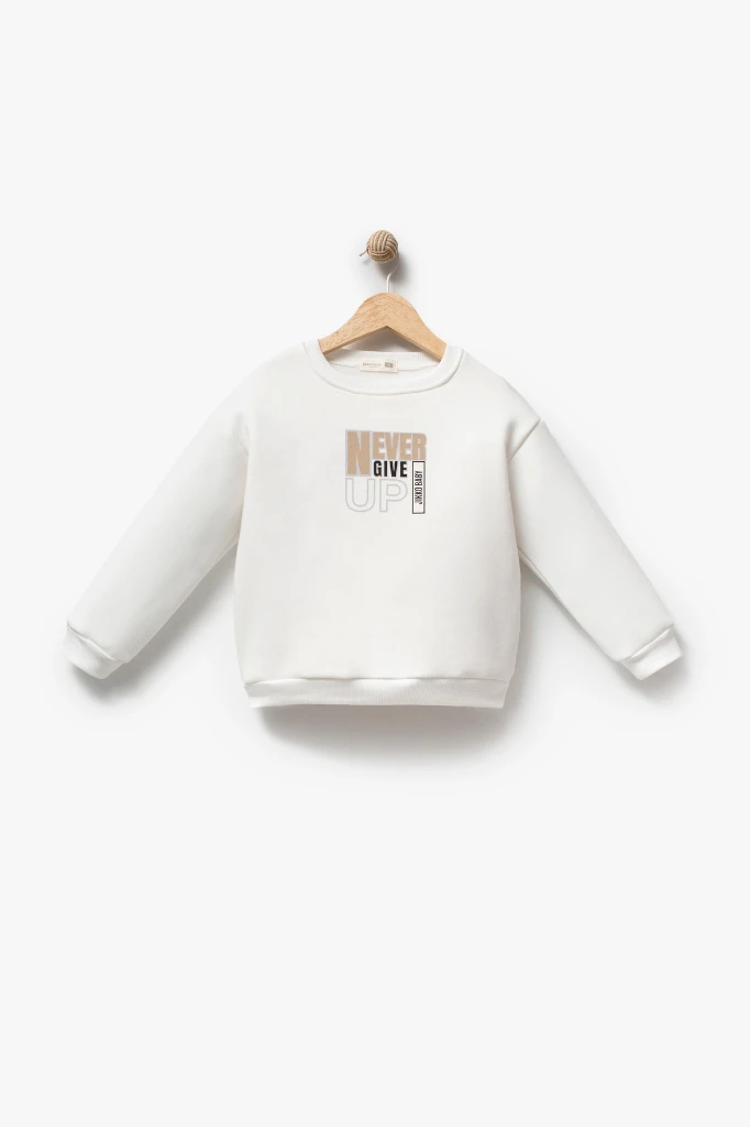 Erkek Çocuk Cep Detaylı Peluş Yelekli Baskılı Sweatshirt ve Kot Pantolon 3’lü Takım 8308 WNT - BEJ