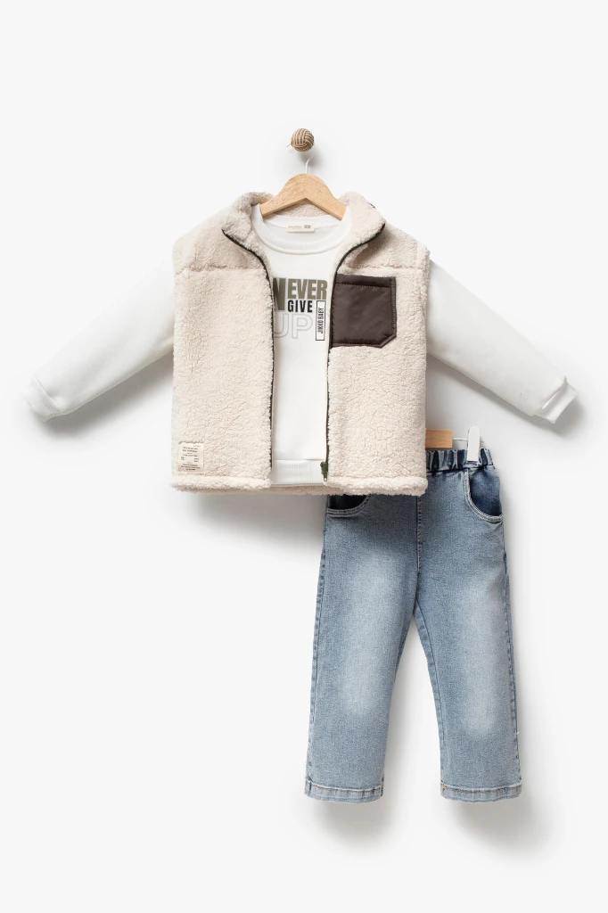 Erkek Çocuk Cep Detaylı Peluş Yelekli Baskılı Sweatshirt ve Kot Pantolon 3’lü Takım 8308 WNT - HAKİ