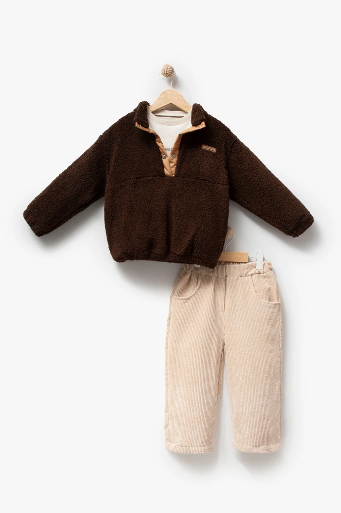 Erkek Çocuk Çıtçıtlı Peluş Sweatshirt, Baskılı Uzun Kollu Tişört ve Fitilli Kadife Pantolon 3’lü Takım 8304 WNT - KAHVERENGİ