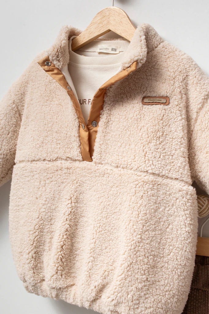 Erkek Çocuk Çıtçıtlı Peluş Sweatshirt, Baskılı Uzun Kollu Tişört ve Fitilli Kadife Pantolon 3’lü Takım 8304 WNT - BEJ