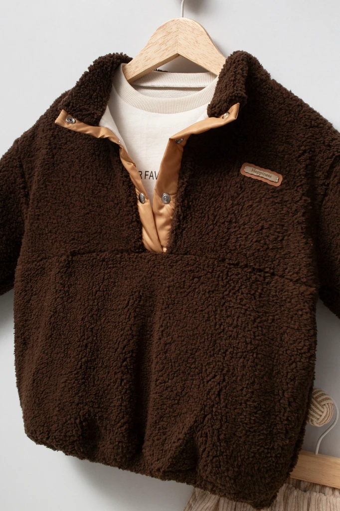 Erkek Çocuk Çıtçıtlı Peluş Sweatshirt, Baskılı Uzun Kollu Tişört ve Fitilli Kadife Pantolon 3’lü Takım 8304 WNT - KAHVERENGİ