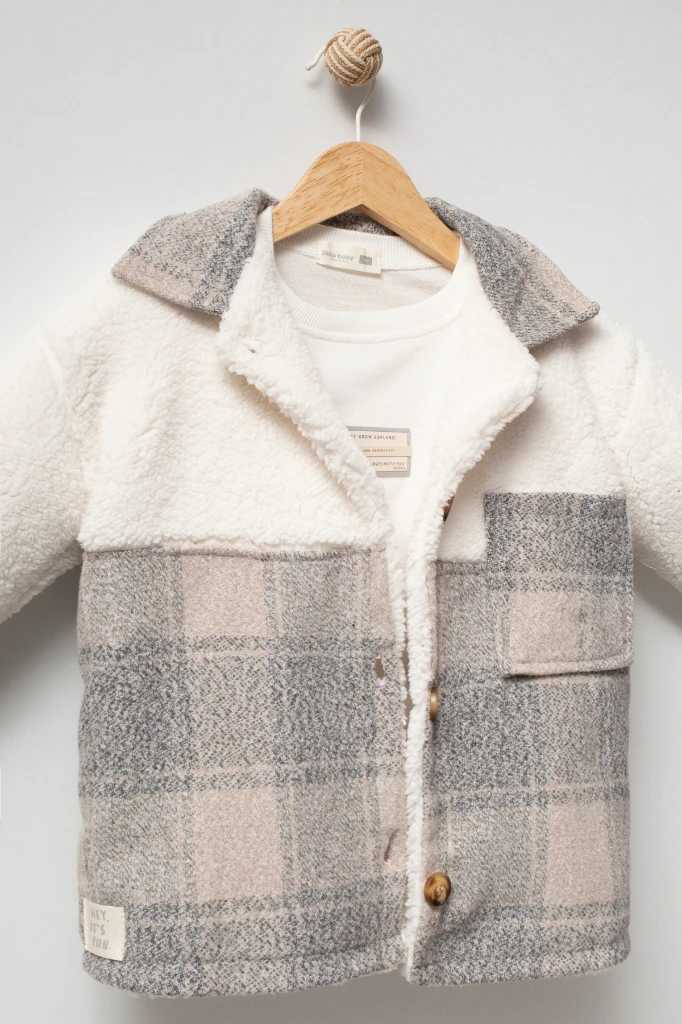 Erkek Çocuk Ekose Detaylı Peluş Ceketli Sweatshirt ve Bol Paça Jean Pantolon 3’lü Takım 8303 WNT - BEJ
