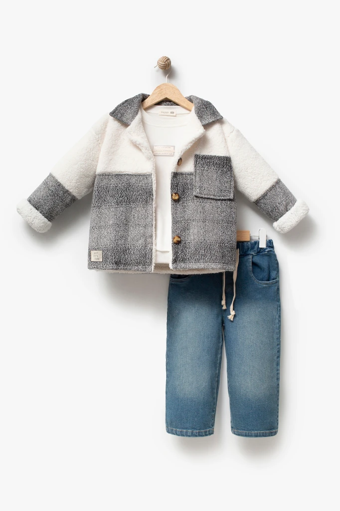 Erkek Çocuk Ekose Detaylı Peluş Ceketli Sweatshirt ve Bol Paça Jean Pantolon 3’lü Takım 8303 WNT - GRİ