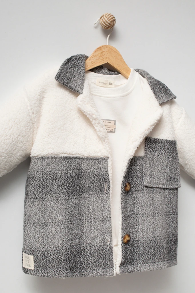 Erkek Çocuk Ekose Detaylı Peluş Ceketli Sweatshirt ve Bol Paça Jean Pantolon 3’lü Takım 8303 WNT - GRİ