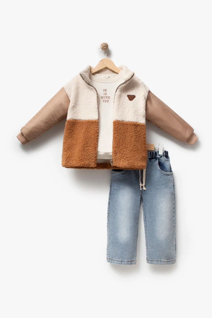 Erkek Çocuk Peluş Ceketli Baskılı Sweatshirt ve Bol Paça Jean Pantolon 3’lü Takım 8301 WNT - VİZON