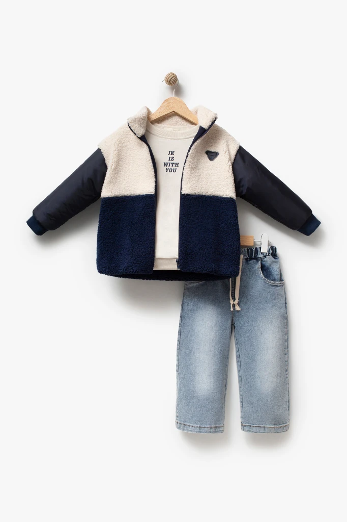 Erkek Çocuk Peluş Ceketli Baskılı Sweatshirt ve Bol Paça Jean Pantolon 3’lü Takım 8301 WNT - LACİVERT