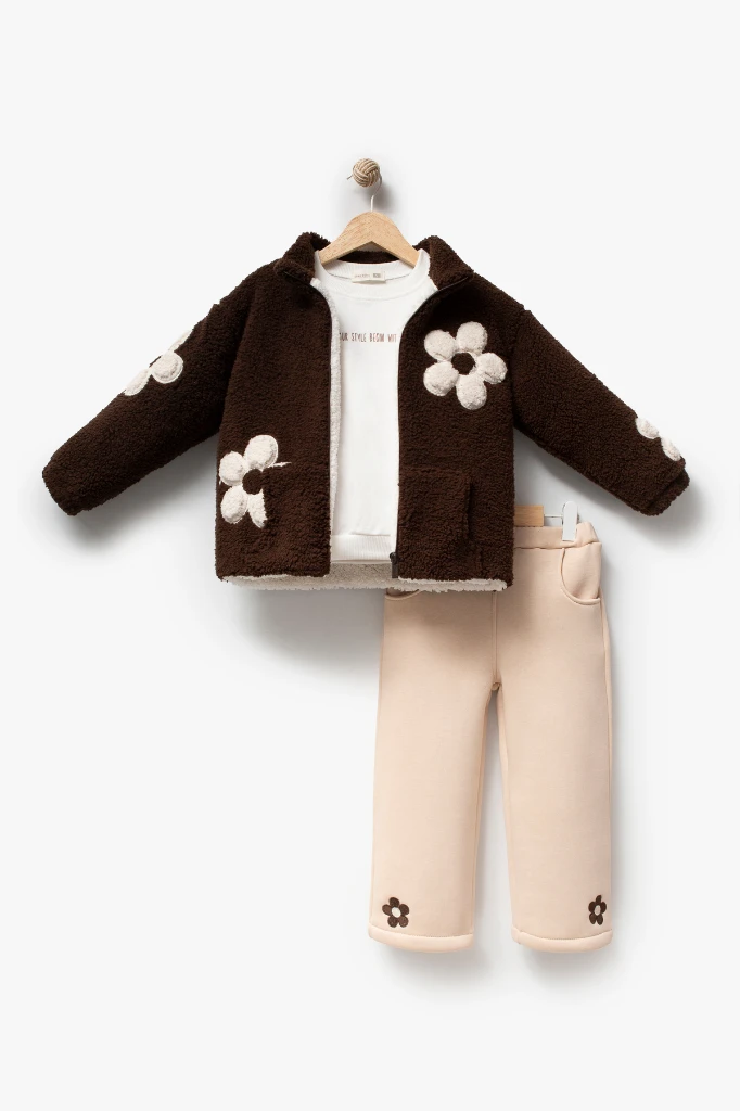 Kız Çocuk Çiçek Detaylı Peluş Ceketli Baskılı Sweatshirt ve Bol Paça Pantolon 3’lü Takım 8309 WNT - KAHVERENGİ