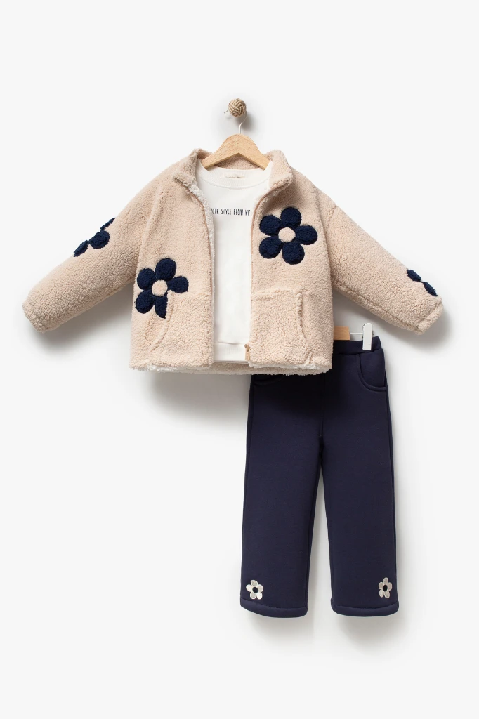 Kız Çocuk Çiçek Detaylı Peluş Ceketli Baskılı Sweatshirt ve Bol Paça Pantolon 3’lü Takım 8309 WNT - LACİVERT