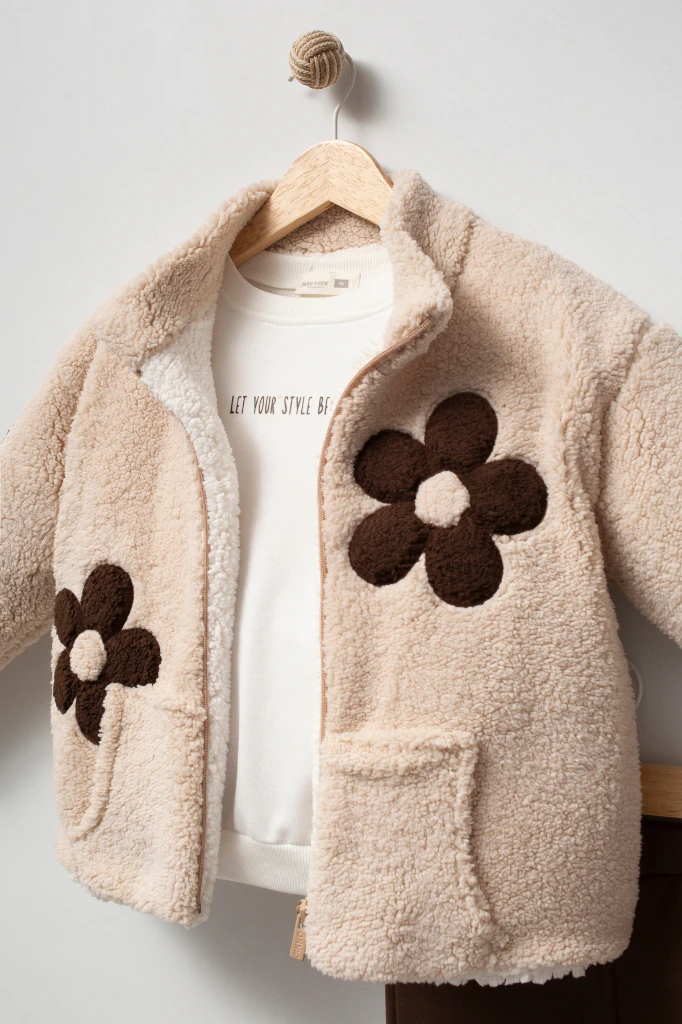 Kız Çocuk Çiçek Detaylı Peluş Ceketli Baskılı Sweatshirt ve Bol Paça Pantolon 3’lü Takım 8309 WNT - BEJ
