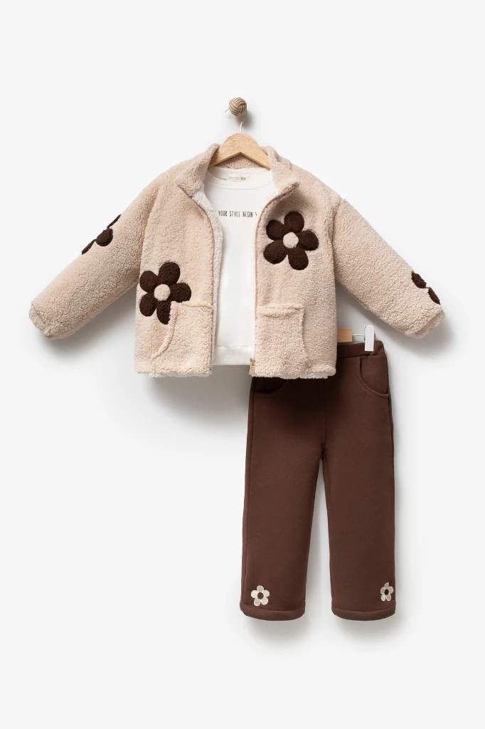 Kız Çocuk Çiçek Detaylı Peluş Ceketli Baskılı Sweatshirt ve Bol Paça Pantolon 3’lü Takım 8309 WNT - BEJ