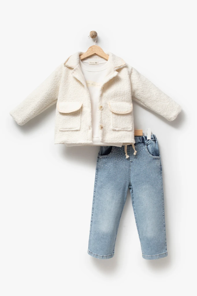 Kız Çocuk Dantel Biyeli Peluş Ceketli Baskılı Sweatshirt ve Taş Detaylı Bol Paça Jean Pantolon 3’lü Takım 8302 WNT - BEYAZ