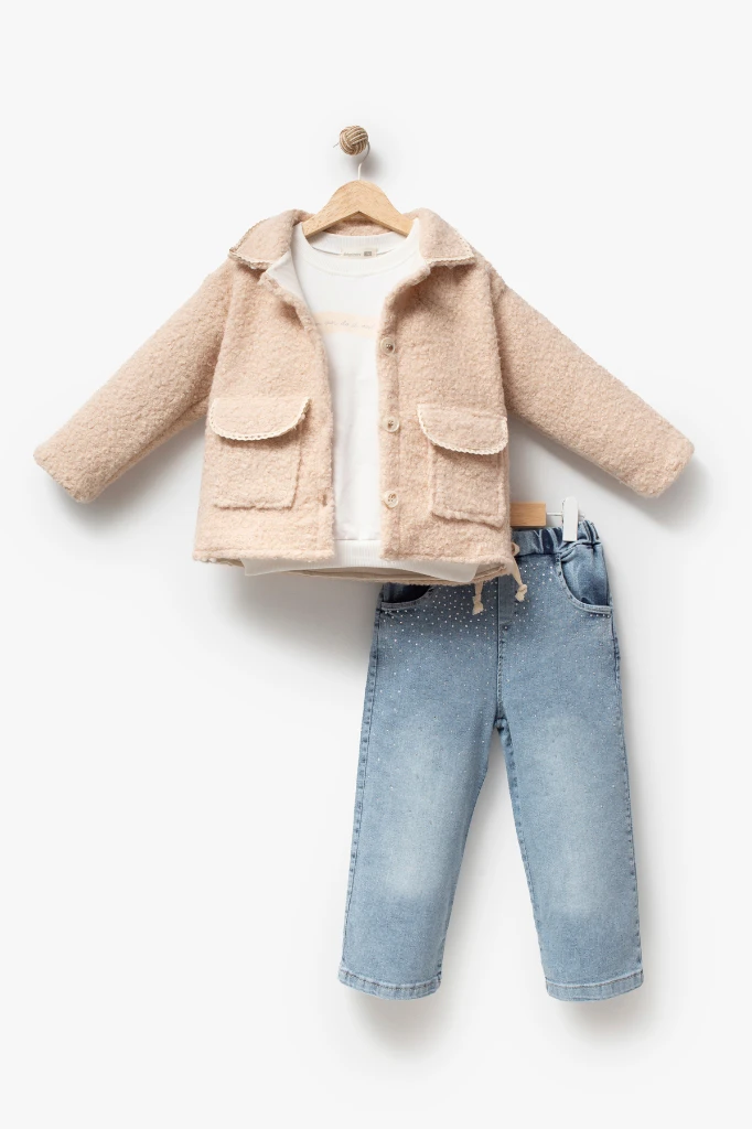 Kız Çocuk Dantel Biyeli Peluş Ceketli Baskılı Sweatshirt ve Taş Detaylı Bol Paça Jean Pantolon 3’lü Takım 8302 WNT - BEJ