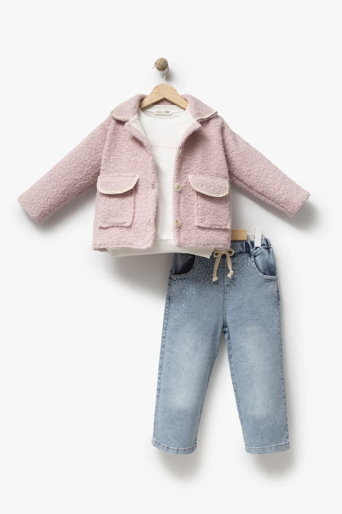 Kız Çocuk Dantel Biyeli Peluş Ceketli Baskılı Sweatshirt ve Taş Detaylı Bol Paça Jean Pantolon 3’lü Takım 8302 WNT - PEMBE