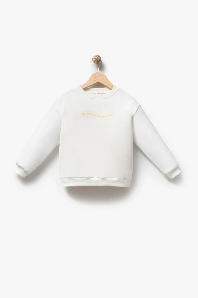 Kız Çocuk Dantel Biyeli Peluş Ceketli Baskılı Sweatshirt ve Taş Detaylı Bol Paça Jean Pantolon 3’lü Takım 8302 WNT - BEYAZ
