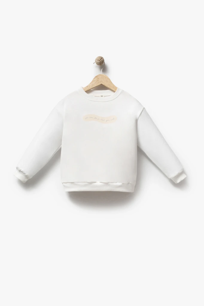 Kız Çocuk Dantel Biyeli Peluş Ceketli Baskılı Sweatshirt ve Taş Detaylı Bol Paça Jean Pantolon 3’lü Takım 8302 WNT - BEJ