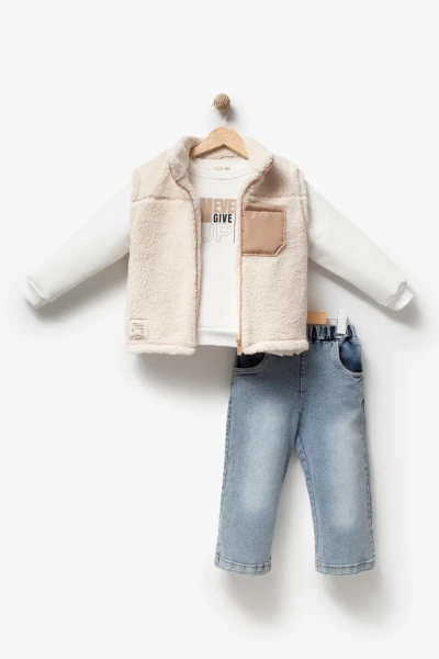 Erkek Çocuk Cep Detaylı Peluş Yelekli Baskılı Sweatshirt ve Kot Pantolon 3’lü Takım 8308 WNT - BEJ