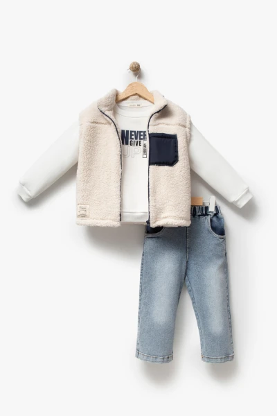 Erkek Çocuk Cep Detaylı Peluş Yelekli Baskılı Sweatshirt ve Kot Pantolon 3’lü Takım 8308 WNT - LACİVERT