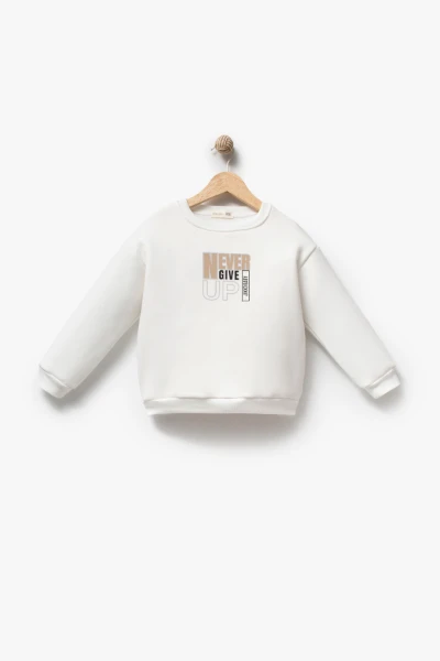 Erkek Çocuk Cep Detaylı Peluş Yelekli Baskılı Sweatshirt ve Kot Pantolon 3’lü Takım 8308 WNT - BEJ