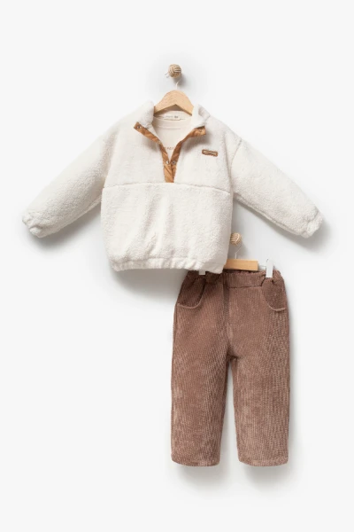 Erkek Çocuk Çıtçıtlı Peluş Sweatshirt, Baskılı Uzun Kollu Tişört ve Fitilli Kadife Pantolon 3’lü Takım 8304 WNT - BEYAZ