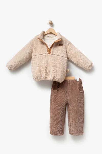 Erkek Çocuk Çıtçıtlı Peluş Sweatshirt, Baskılı Uzun Kollu Tişört ve Fitilli Kadife Pantolon 3’lü Takım 8304 WNT - BEJ