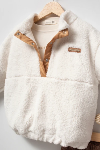Erkek Çocuk Çıtçıtlı Peluş Sweatshirt, Baskılı Uzun Kollu Tişört ve Fitilli Kadife Pantolon 3’lü Takım 8304 WNT - BEYAZ