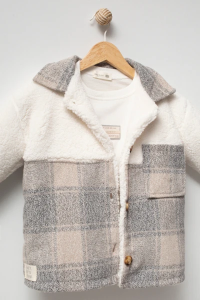 Erkek Çocuk Ekose Detaylı Peluş Ceketli Sweatshirt ve Bol Paça Jean Pantolon 3’lü Takım 8303 WNT - BEJ