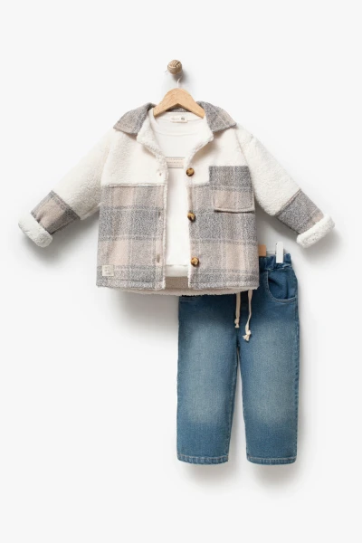 Erkek Çocuk Ekose Detaylı Peluş Ceketli Sweatshirt ve Bol Paça Jean Pantolon 3’lü Takım 8303 WNT - BEJ