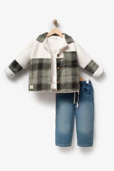 Erkek Çocuk Ekose Detaylı Peluş Ceketli Sweatshirt ve Bol Paça Jean Pantolon 3’lü Takım 8303 WNT - YEŞİL