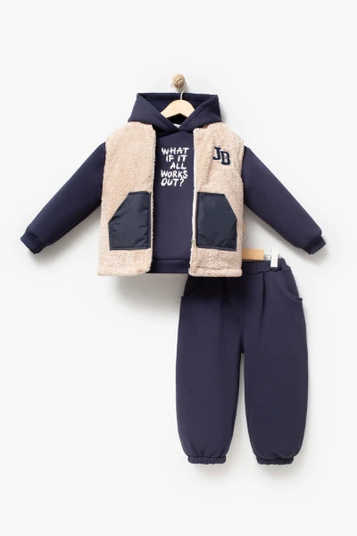 Erkek Çocuk Peluş Yelekli Kapüşonlu Sweatshirt ve Jogger Pantolon 3’lü Takım 8307 WNT - LACİVERT