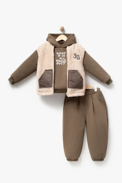 Erkek Çocuk Peluş Yelekli Kapüşonlu Sweatshirt ve Jogger Pantolon 3’lü Takım 8307 WNT - HAKİ