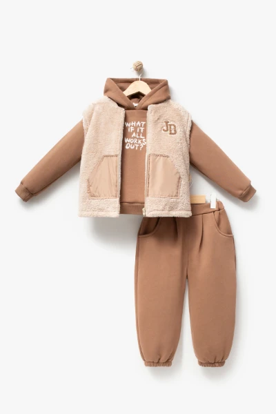 Erkek Çocuk Peluş Yelekli Kapüşonlu Sweatshirt ve Jogger Pantolon 3’lü Takım 8307 WNT - VİZON
